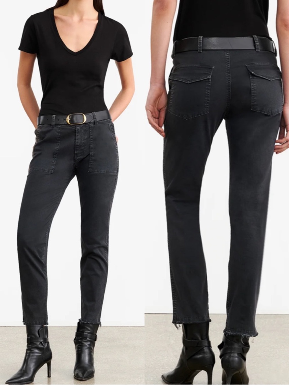Nili Lotan Jenna Cotton Pants Carbon Grey Washed Black Raw Hem - Picture 3 of 16
